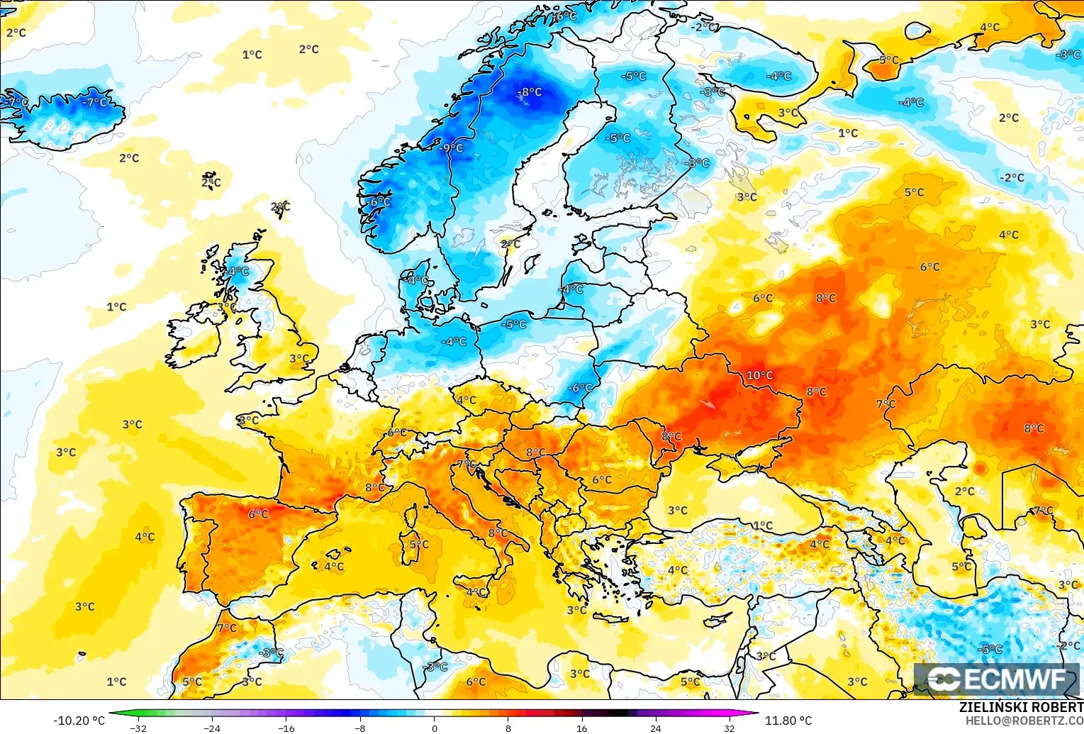 ECMWF IFS 0.25° modelo - Europa, Anomalía de temperatura a 2 m