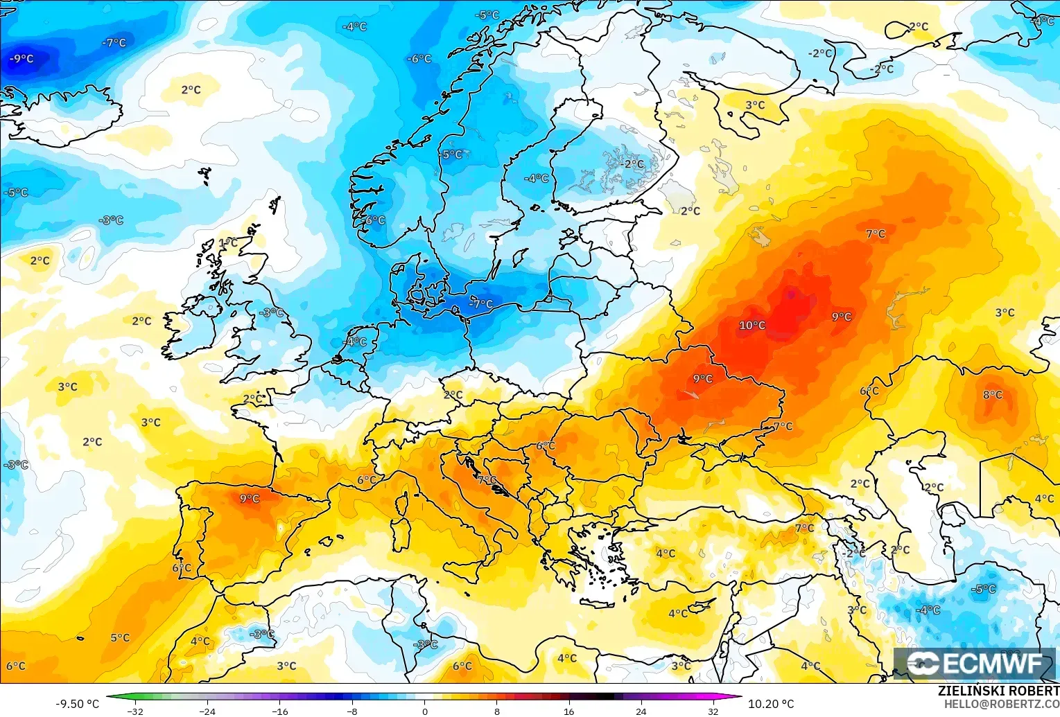 ECMWF IFS 0.25° modelo - Europa, Anomalía de temperatura a 850 hPa
