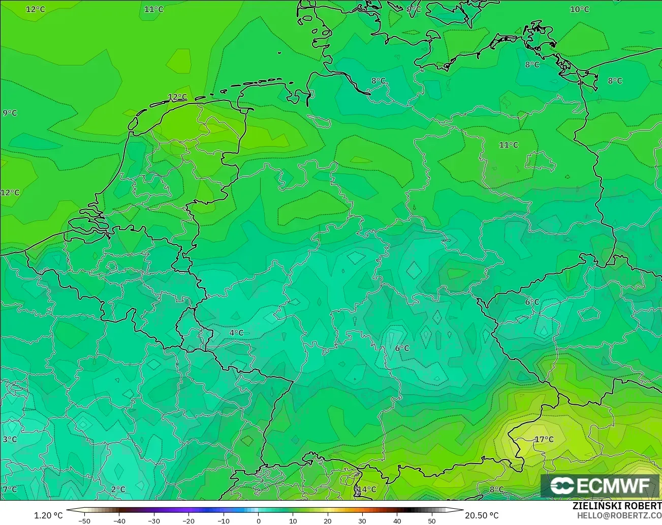 ECMWF IFS 0.25° modelo - Alemania, Punto de rocío a 2 m