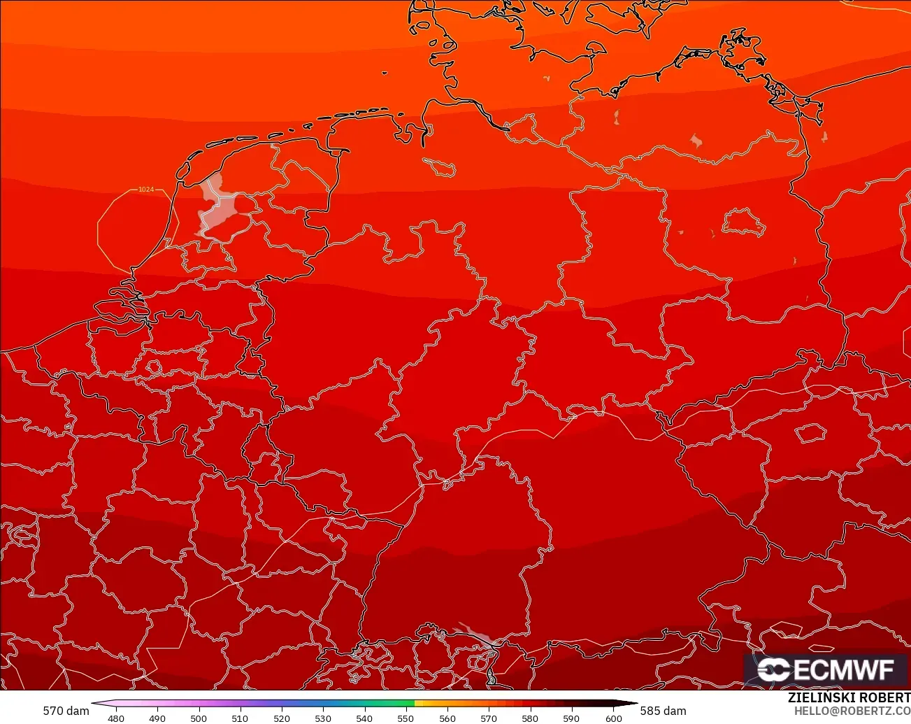 ECMWF IFS 0.25° modelo - Alemania, Altura geopotencial a 500 hPa