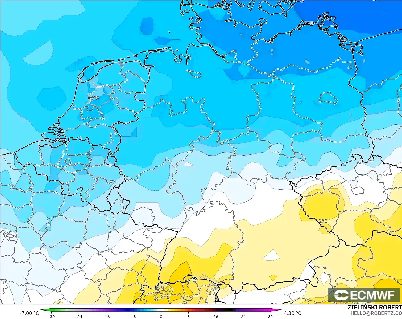 ECMWF IFS 0.25° modelo - Alemania, Anomalía de temperatura a 850 hPa