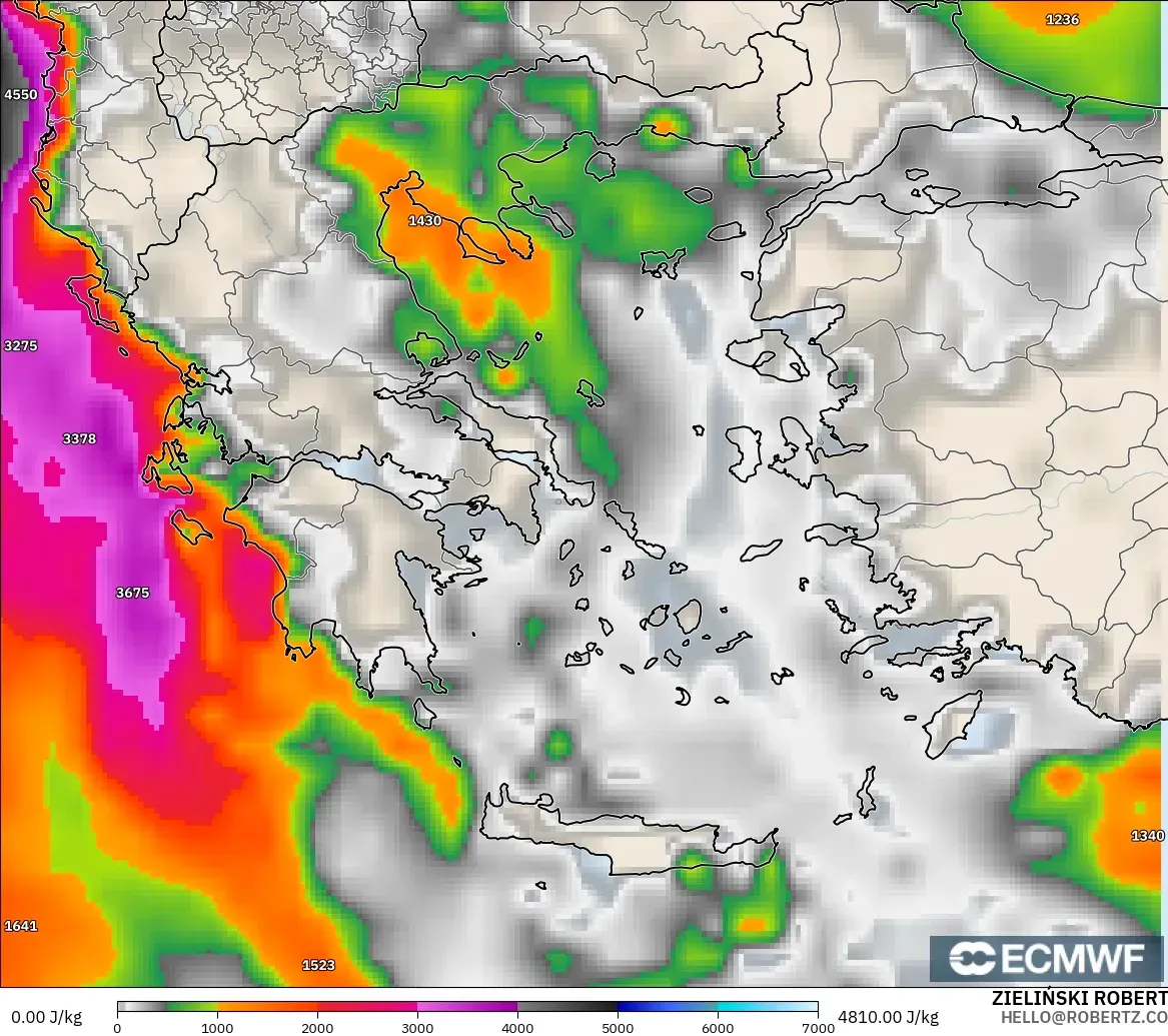 ECMWF IFS 0.25° modelo - Grecia, CAPE