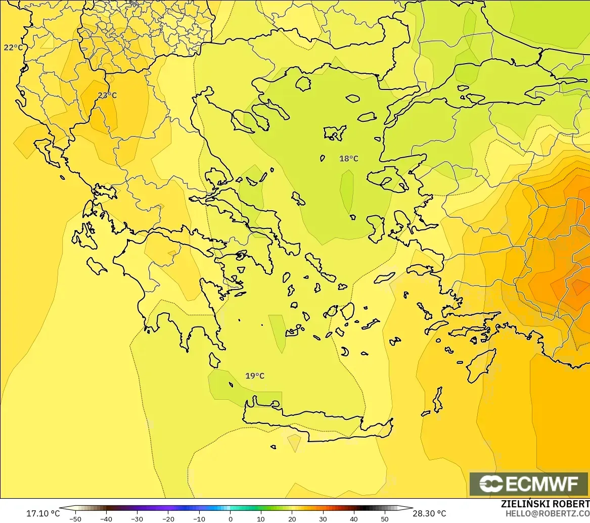 ECMWF IFS 0.25° modelo - Grecia, Temperatura a 850 hPa