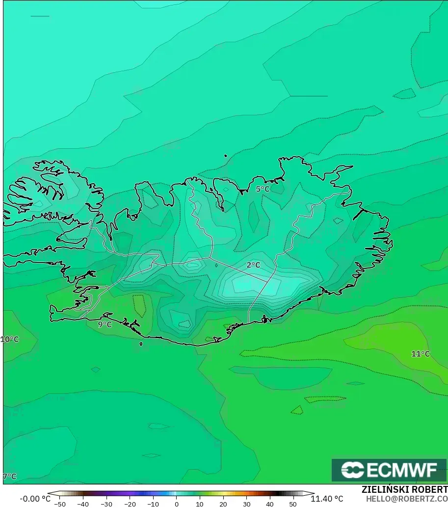 ECMWF IFS 0.25° modelo - Islandia, Punto de rocío a 2 m
