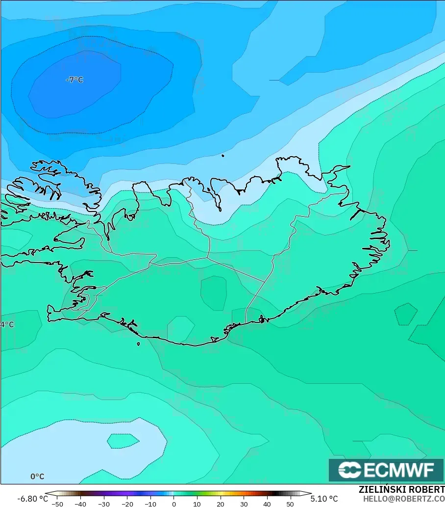 ECMWF IFS 0.25° modelo - Islandia, Temperatura a 850 hPa