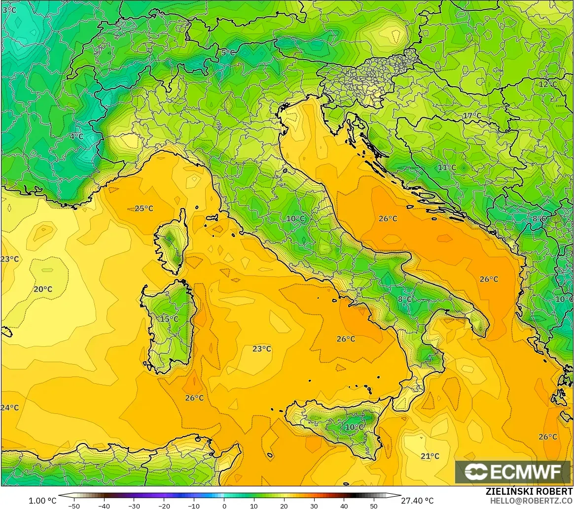 ECMWF IFS 0.25° modelo - Italia, Punto de rocío a 2 m