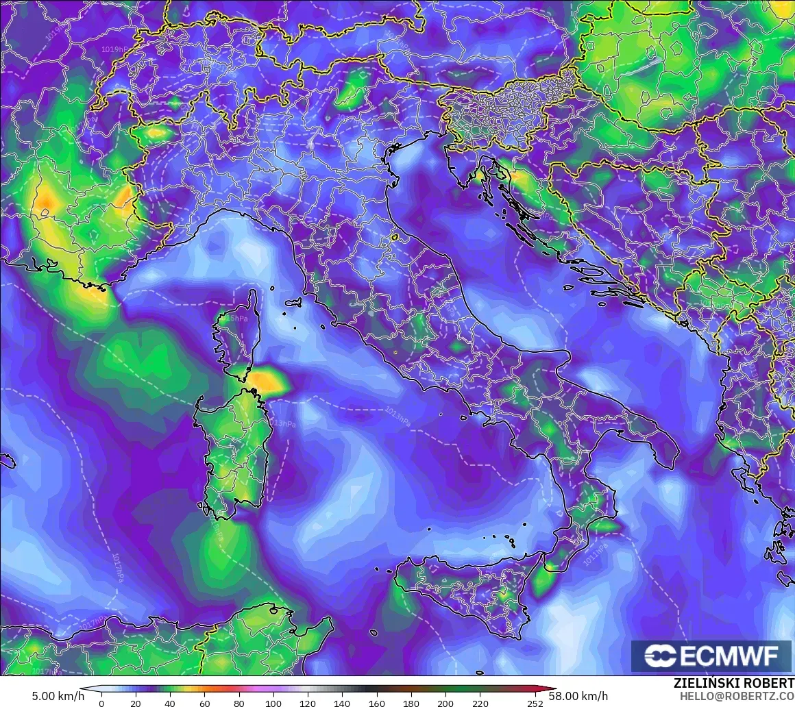 ECMWF IFS 0.25° modelo - Italia, Ráfagas de Viento Máximas