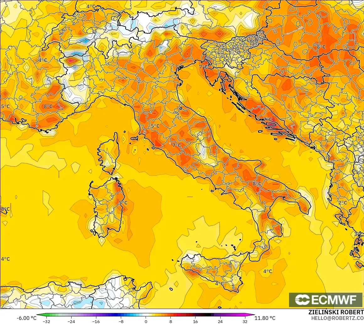 ECMWF IFS 0.25° modelo - Italia, Anomalía de temperatura a 2 m