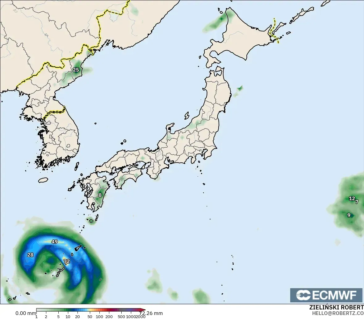 ECMWF IFS 0.25° modelo - Japón, Acumulación de precipitación