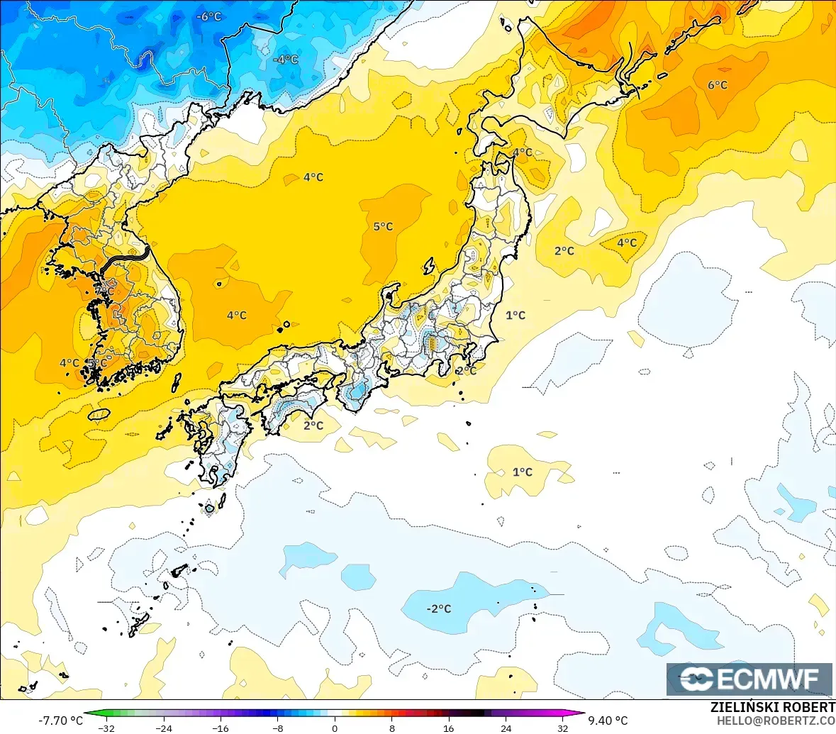 ECMWF IFS 0.25° modelo - Japón, Anomalía de temperatura a 2 m