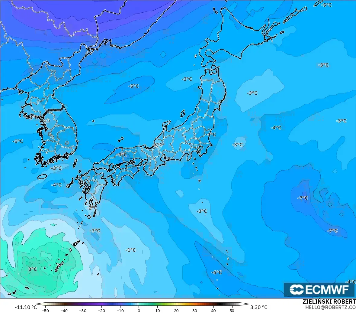 ECMWF IFS 0.25° modelo - Japón, Temperatura a 500 hPa