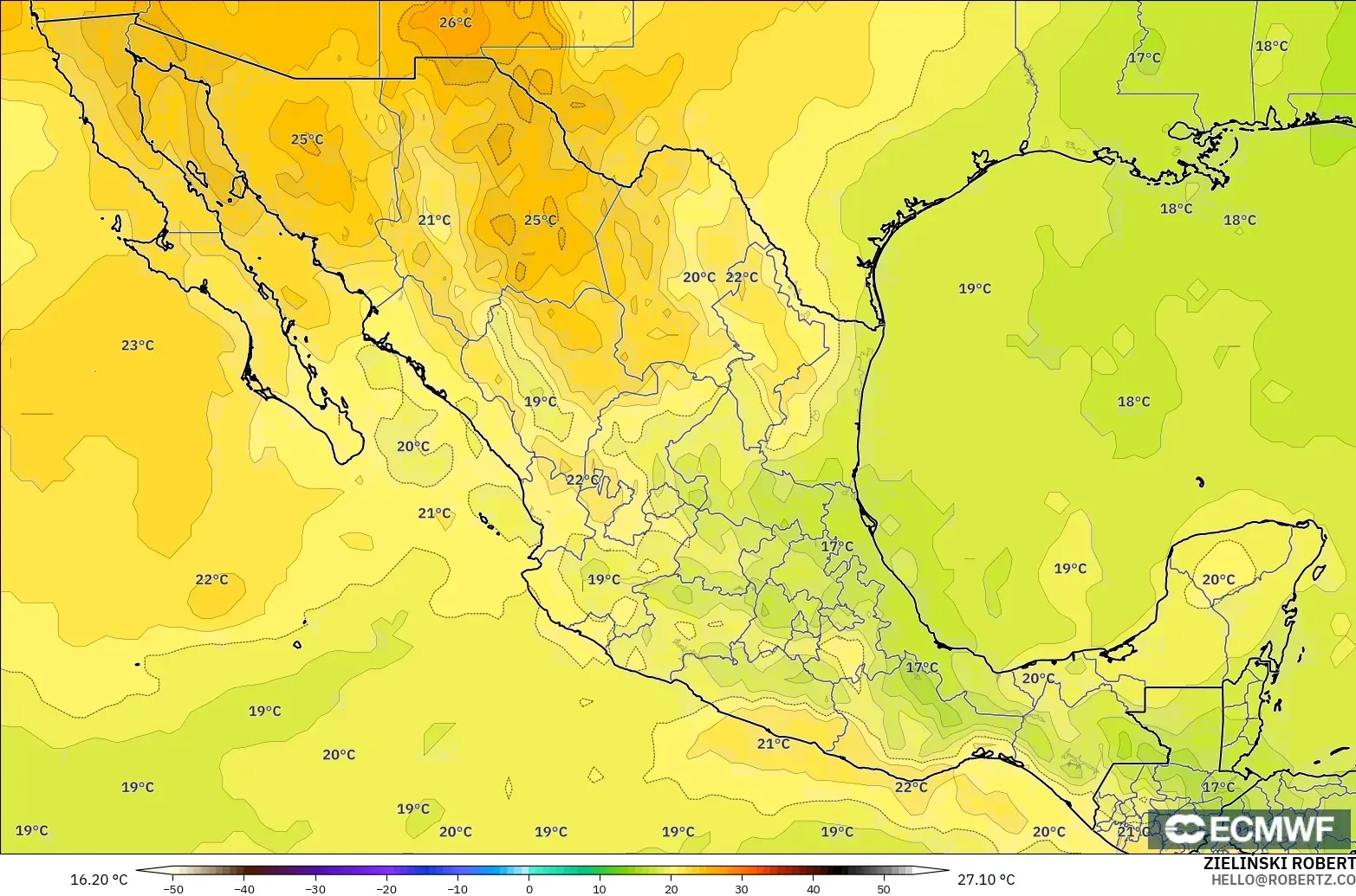 ECMWF IFS 0.25° modelo - México, Temperatura a 850 hPa