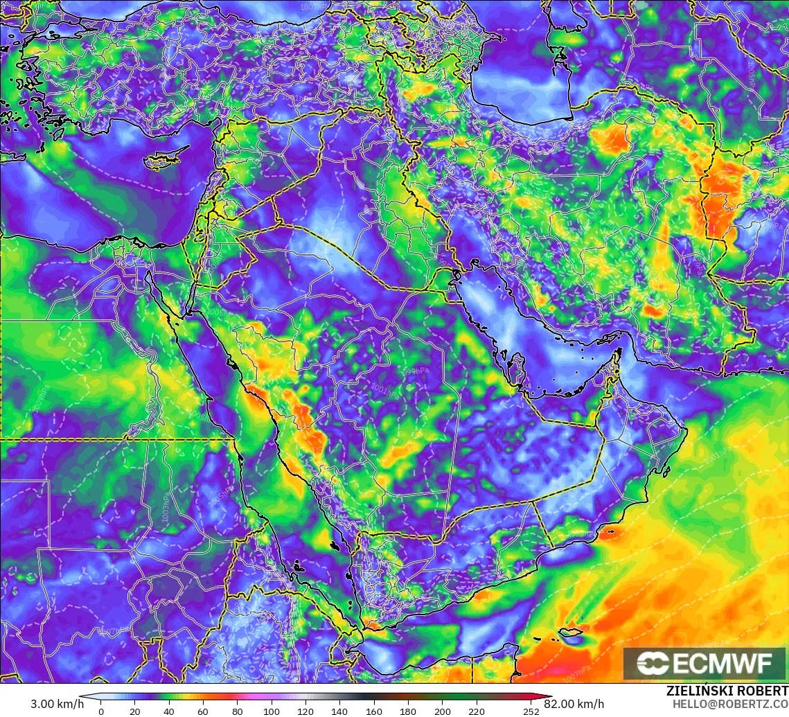 ECMWF IFS 0.25° modelo - Oriente Medio, Ráfagas de viento