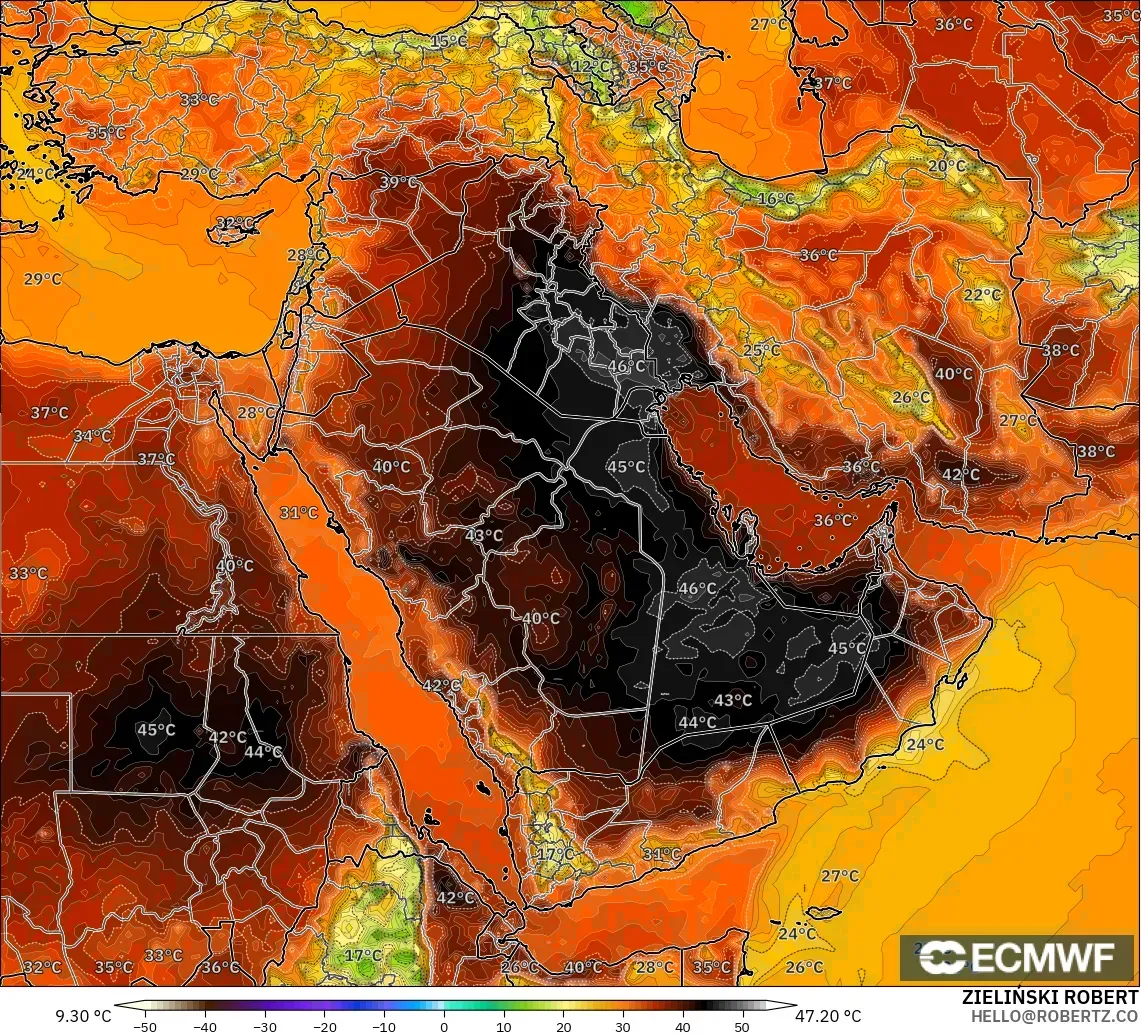 ECMWF IFS 0.25° modelo - Oriente Medio, Temperatura a 2 m