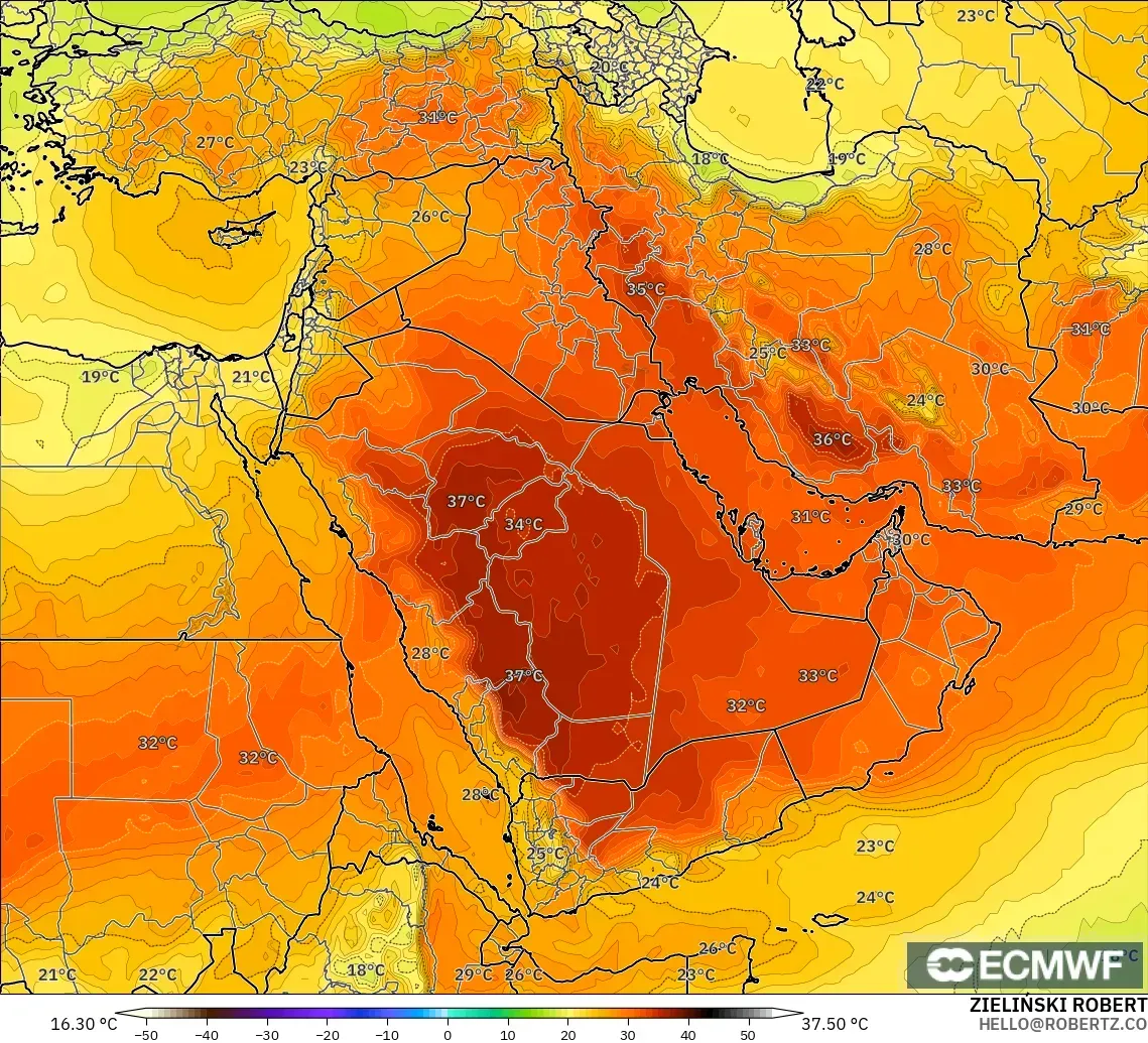 ECMWF IFS 0.25° modelo - Oriente Medio, Temperatura a 850 hPa
