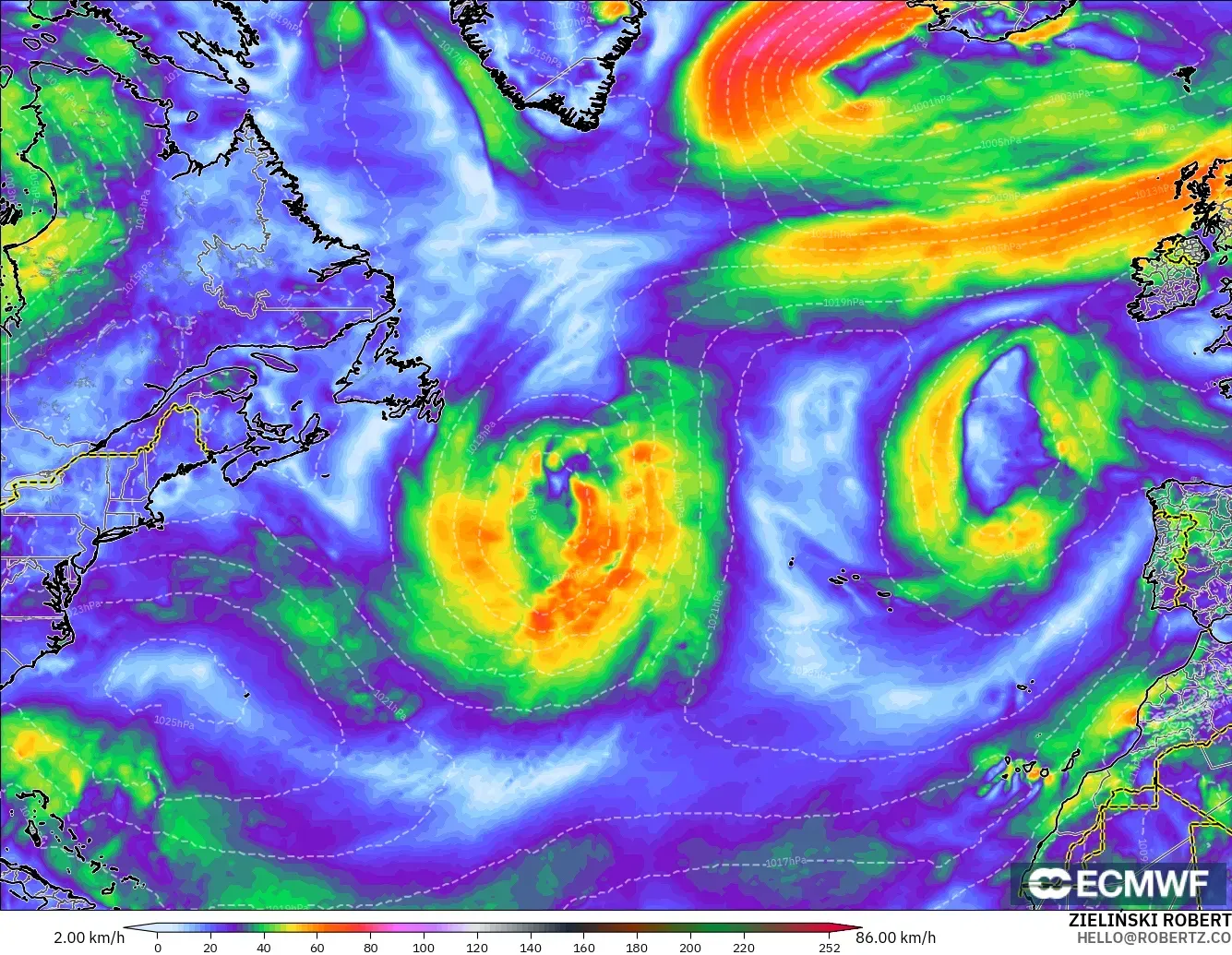 ECMWF IFS 0.25° modelo - Norte Atlántico, Ráfagas de Viento Máximas
