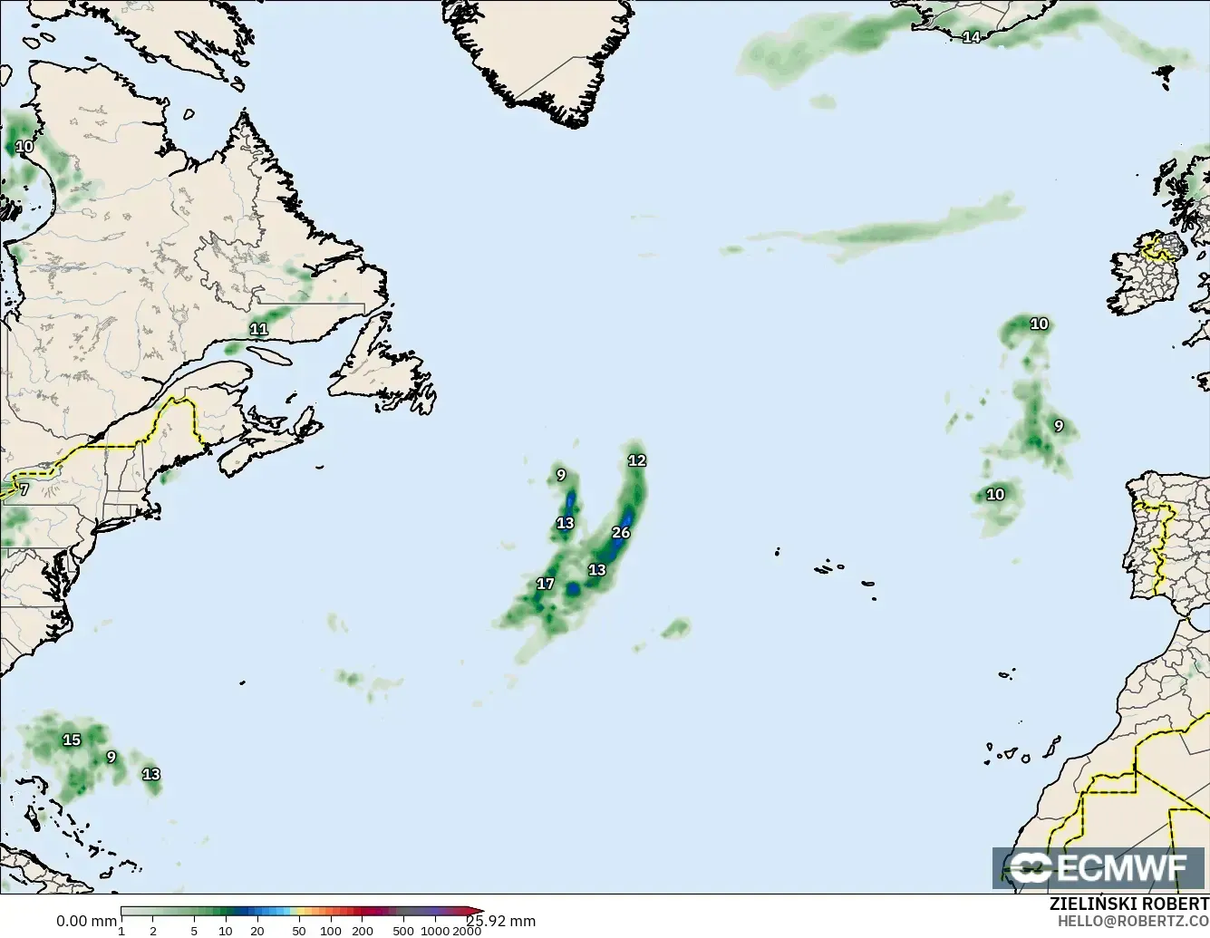 ECMWF IFS 0.25° modelo - Norte Atlántico, Acumulación de precipitación