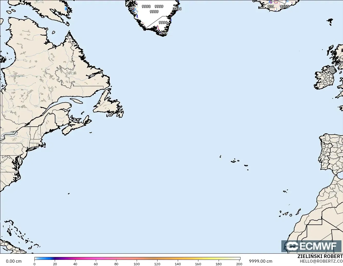 ECMWF IFS 0.25° modelo - Norte Atlántico, Profundidad de nieve