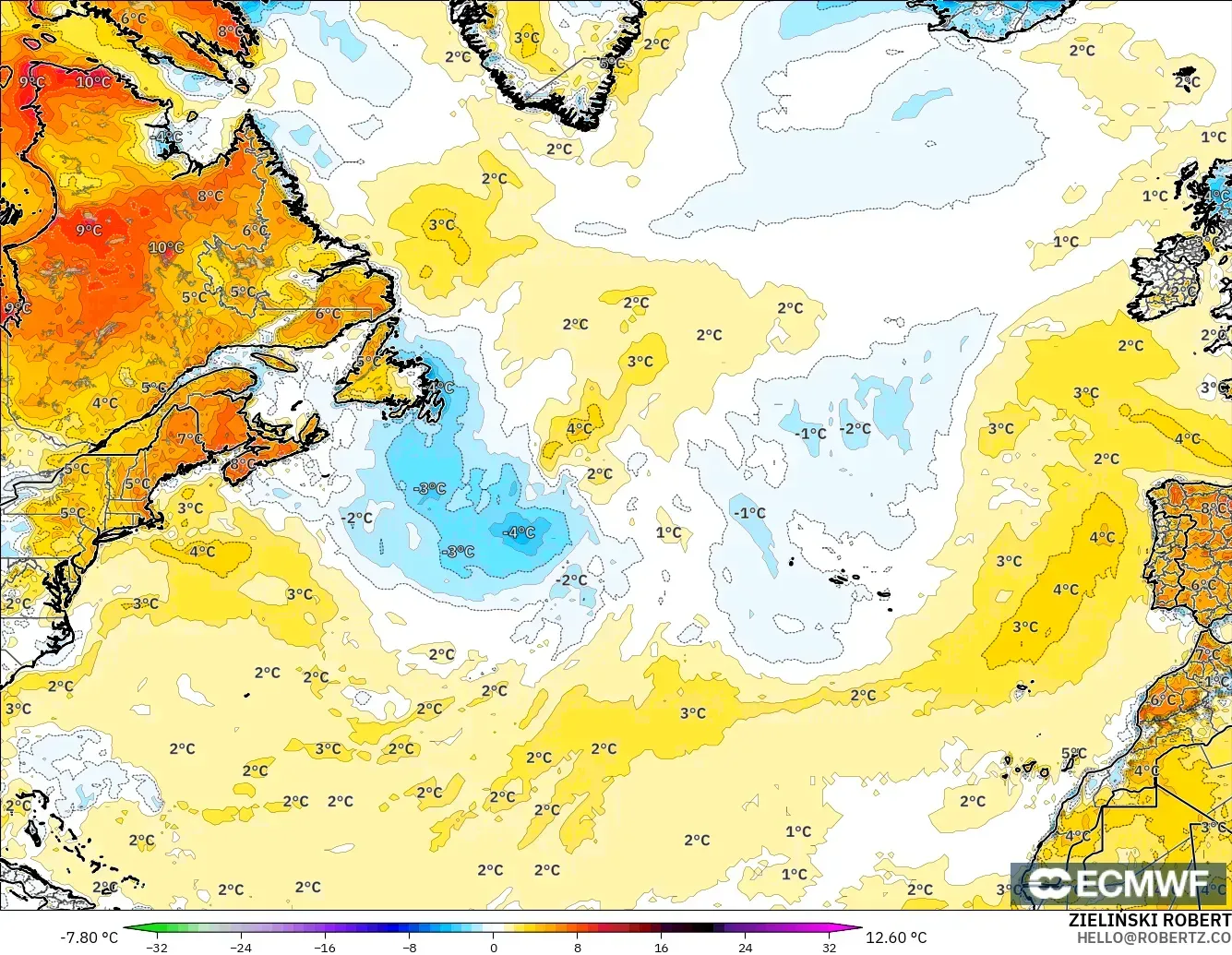 ECMWF IFS 0.25° modelo - Norte Atlántico, Anomalía de temperatura a 2 m