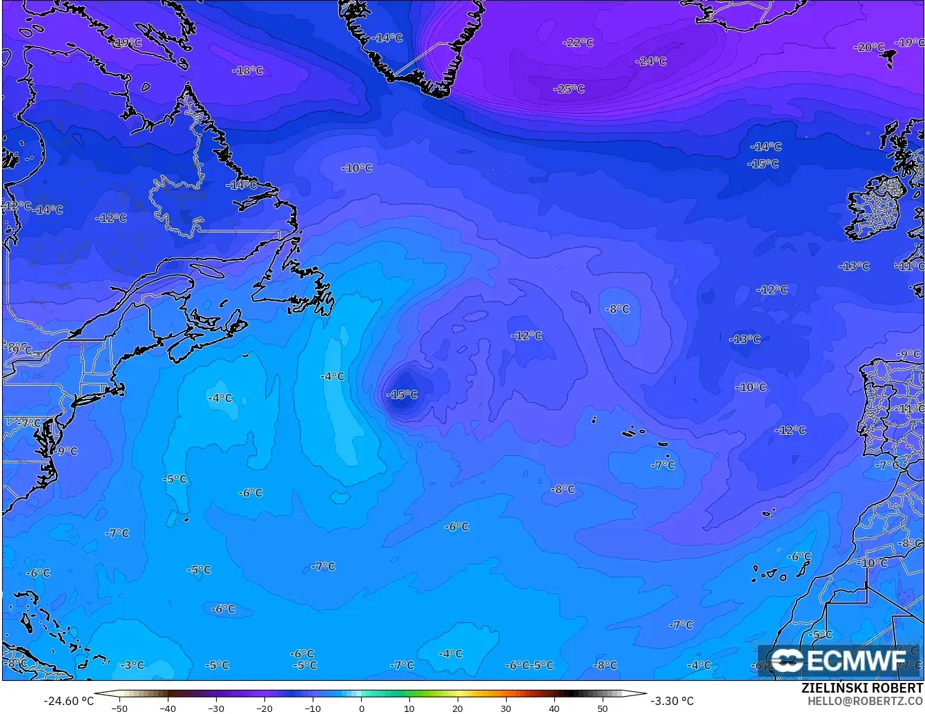 ECMWF IFS 0.25° modelo - Norte Atlántico, Temperatura a 500 hPa