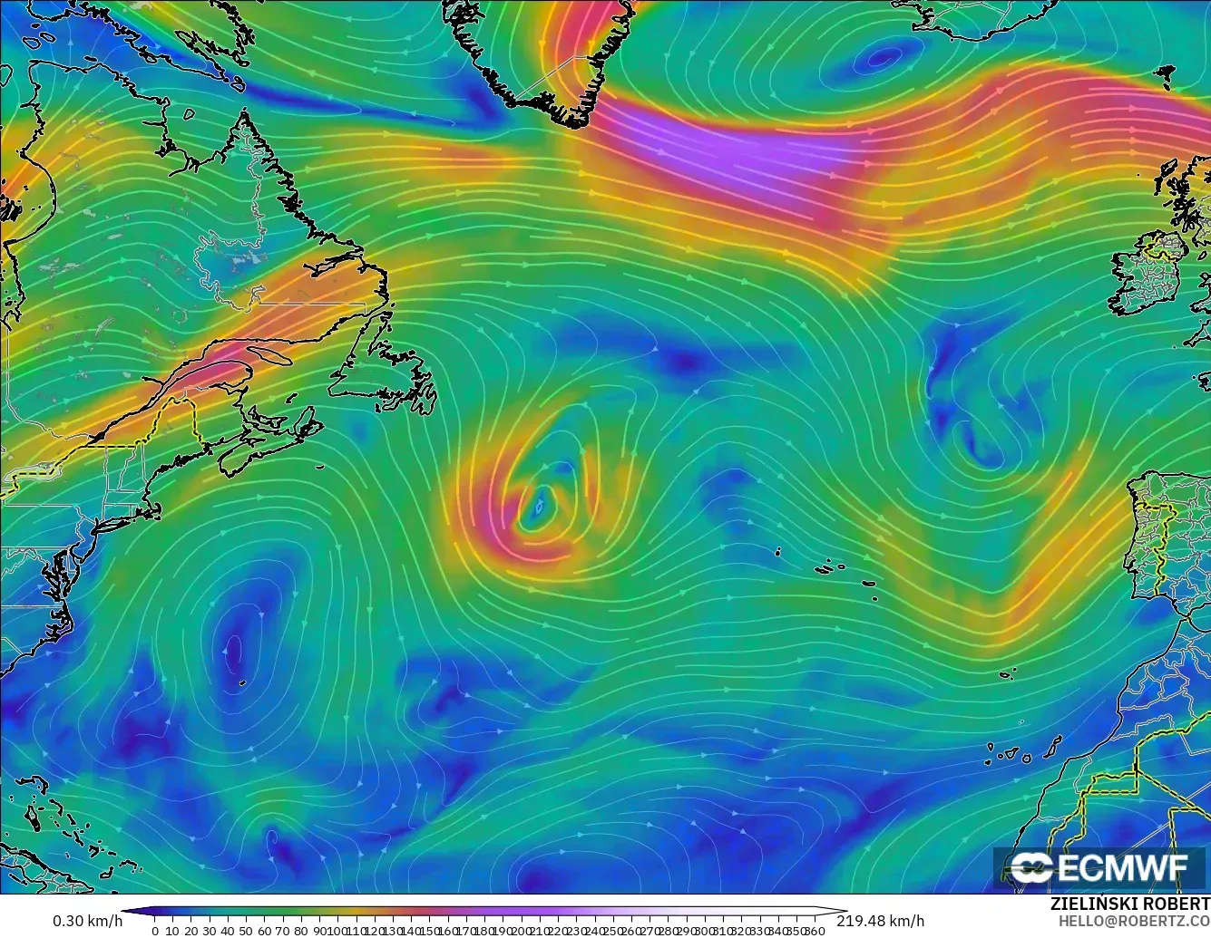 ECMWF IFS 0.25° modelo - Norte Atlántico, Viento a 300 hPa (corriente en chorro)