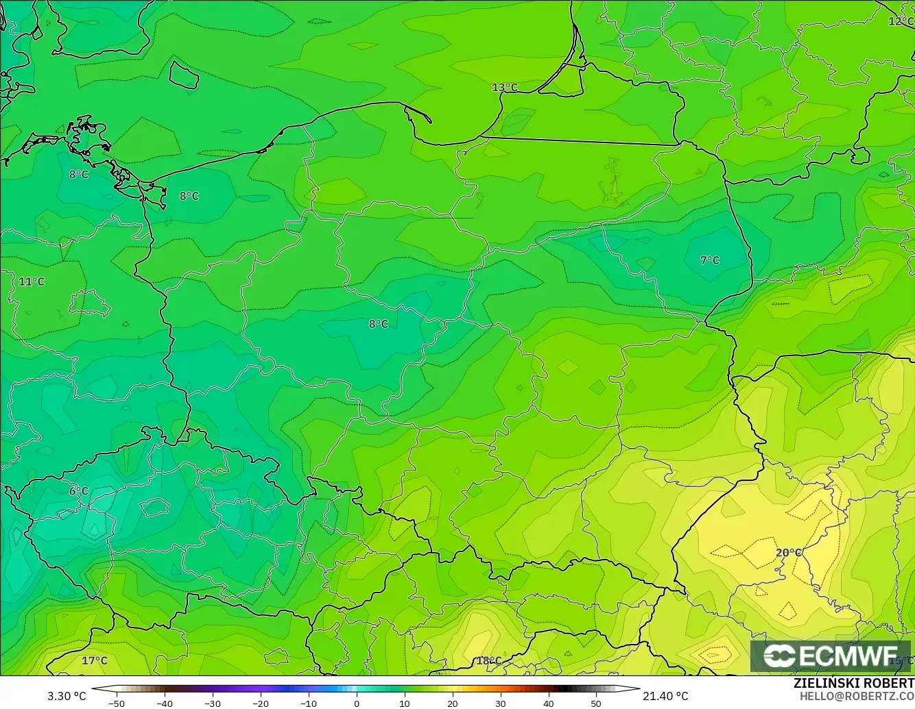 ECMWF IFS 0.25° modelo - Polonia, Punto de rocío a 2 m