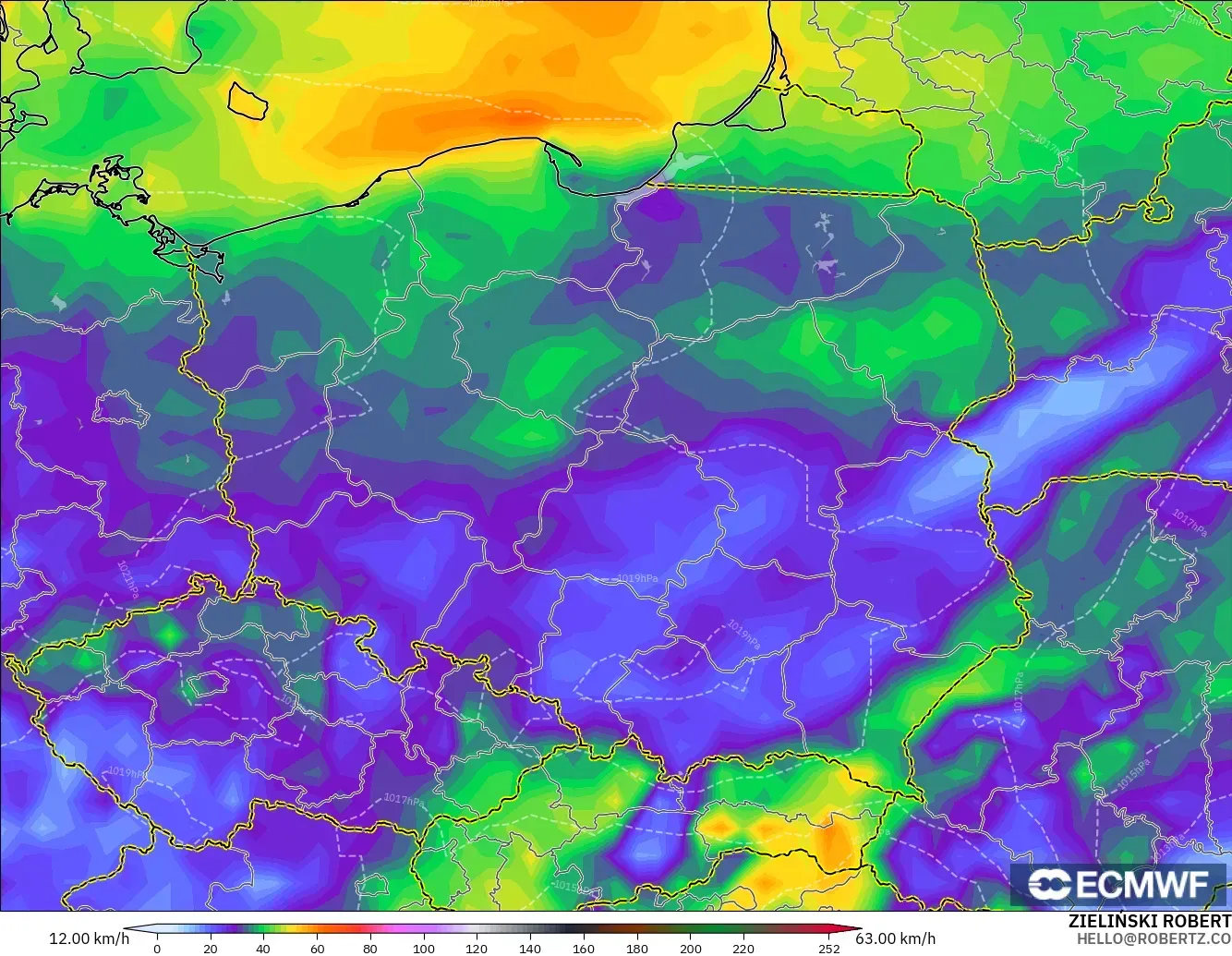 ECMWF IFS 0.25° modelo - Polonia, Ráfagas de Viento Máximas