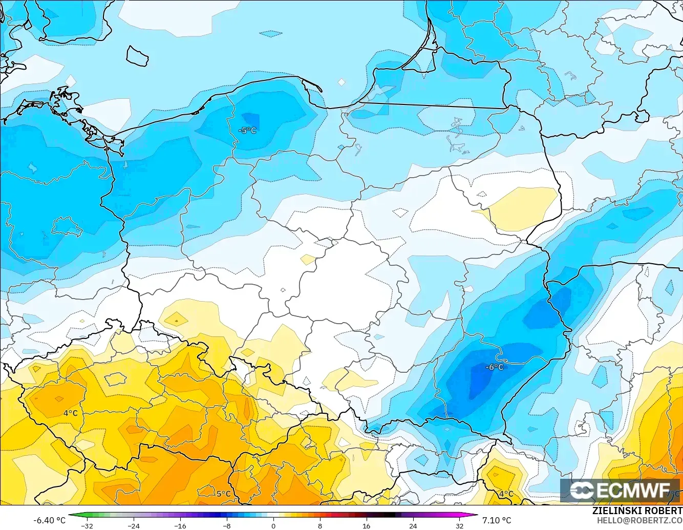 ECMWF IFS 0.25° modelo - Polonia, Anomalía de temperatura a 2 m