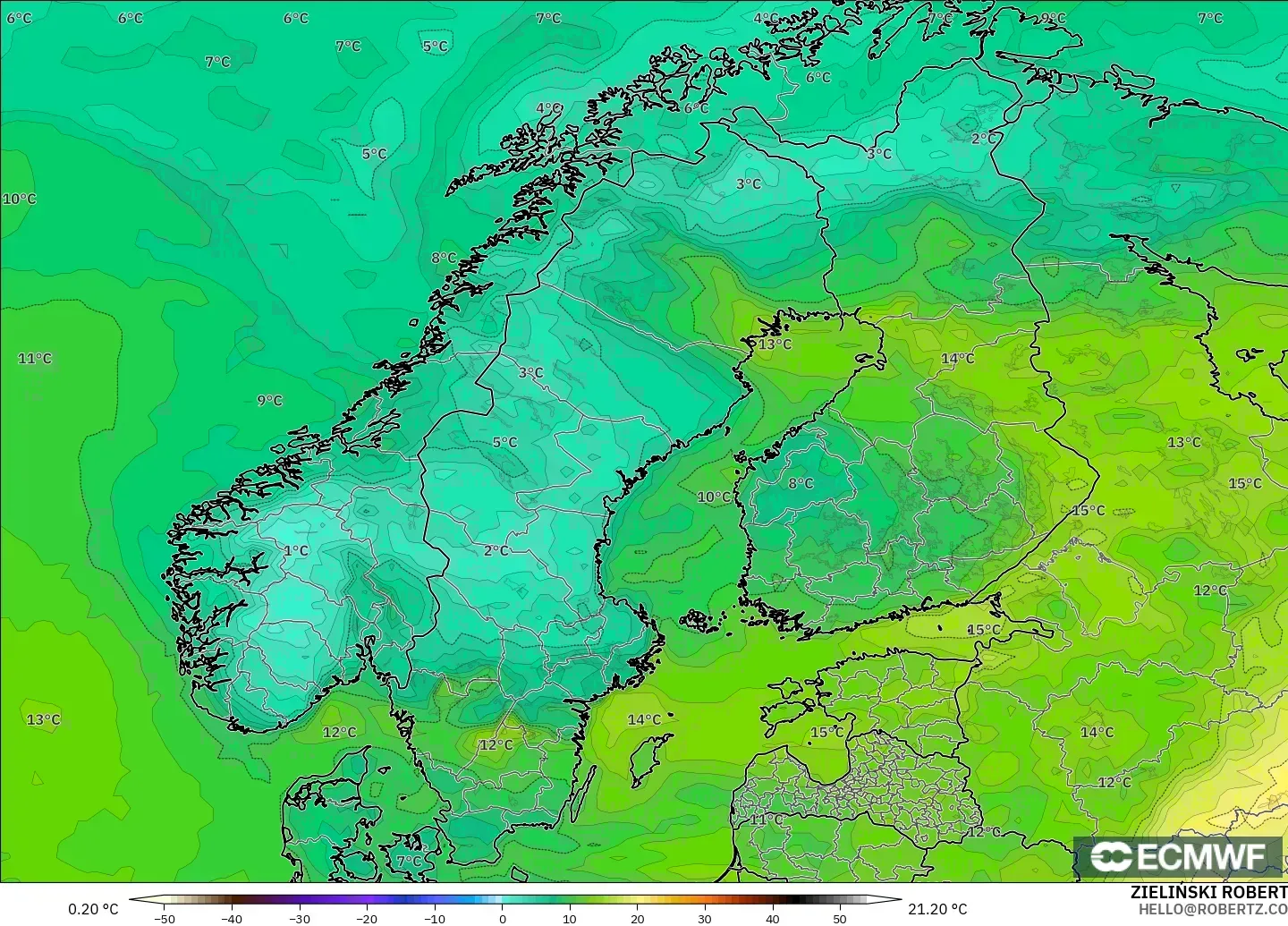 ECMWF IFS 0.25° modelo - Escandinavia, Punto de rocío a 2 m
