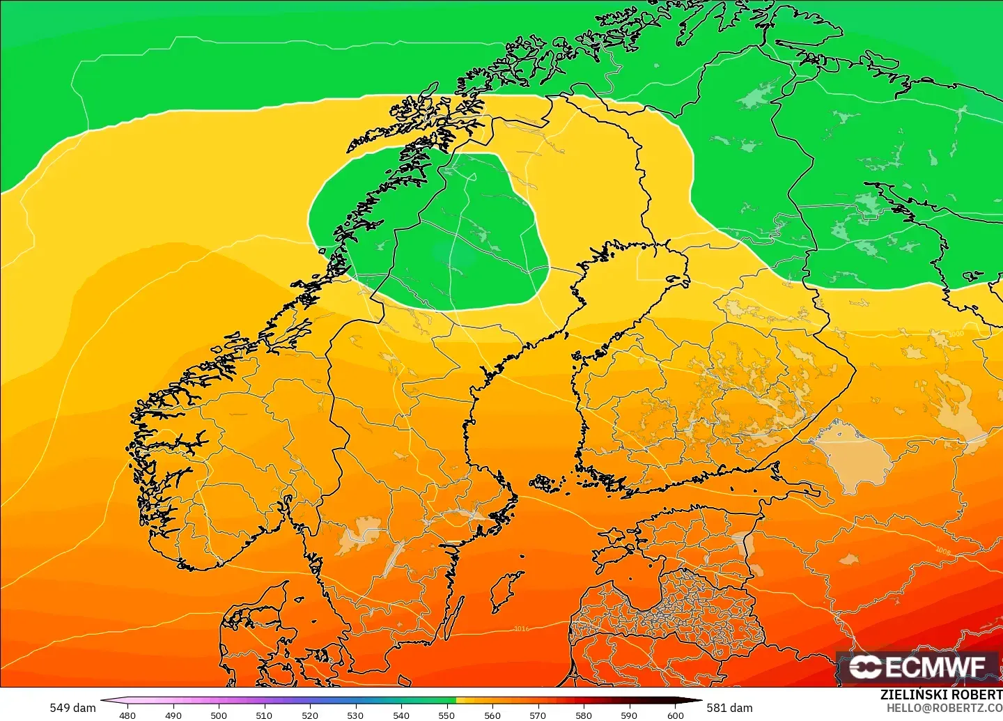 ECMWF IFS 0.25° modelo - Escandinavia, Altura geopotencial a 500 hPa
