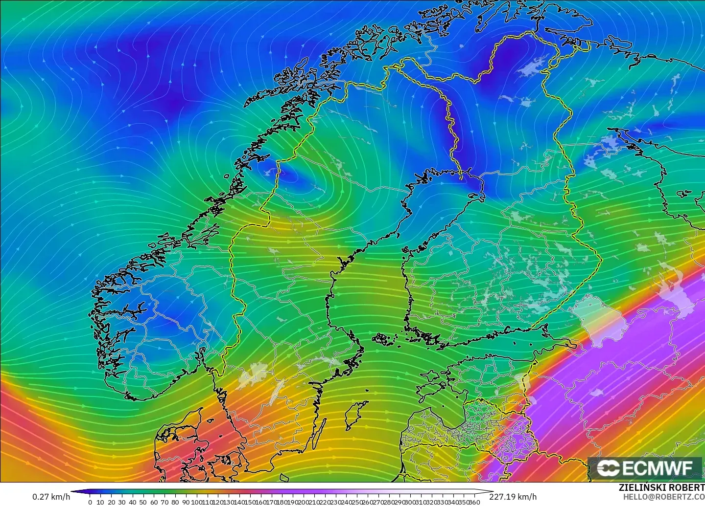 ECMWF IFS 0.25° modelo - Escandinavia, Viento a 300 hPa (corriente en chorro)