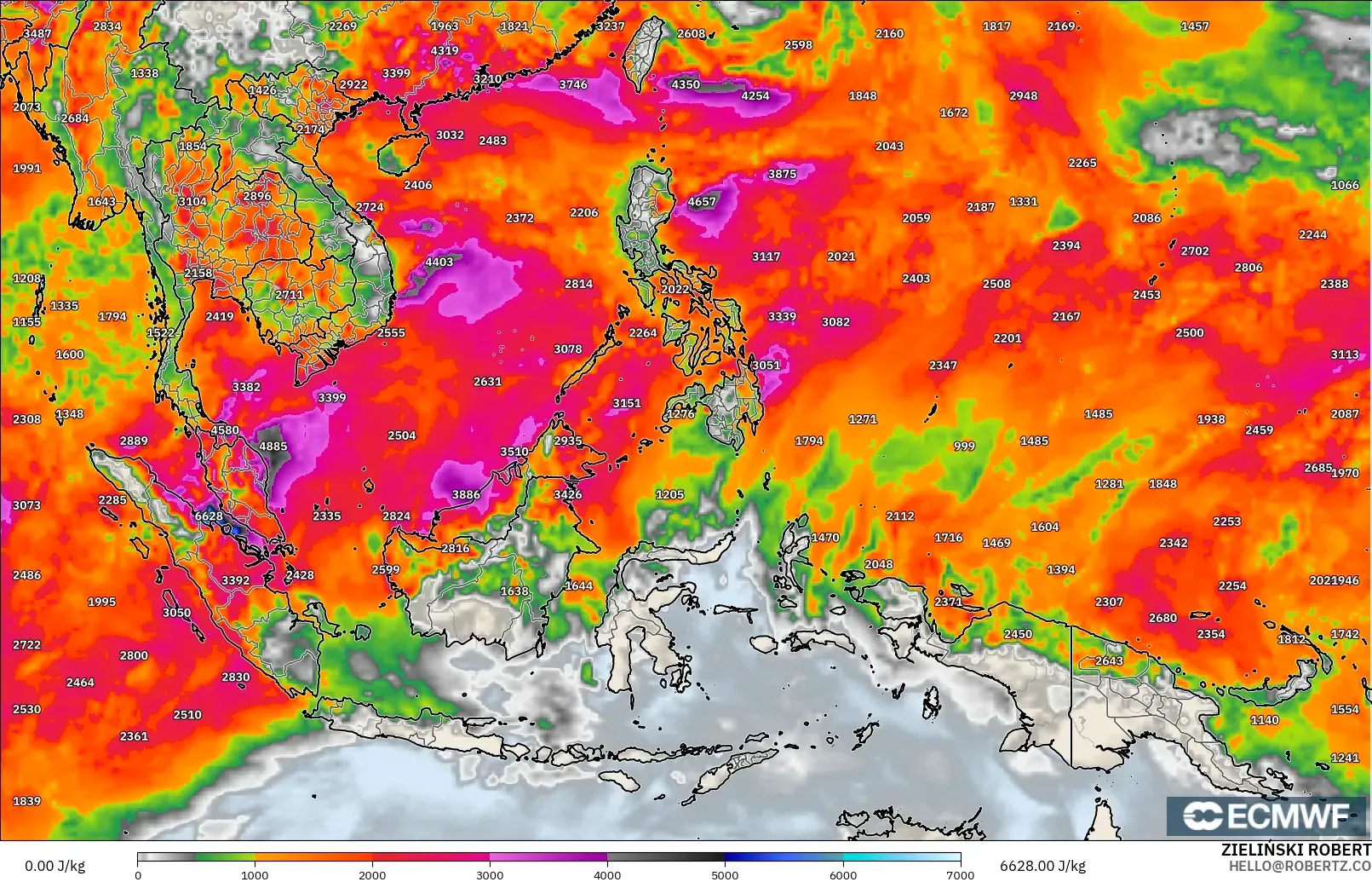ECMWF IFS 0.25° modelo - Sudeste Asiático, CAPE