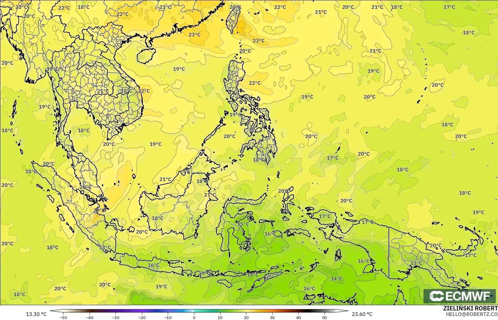 ECMWF IFS 0.25° modelo - Sudeste Asiático, Temperatura a 850 hPa