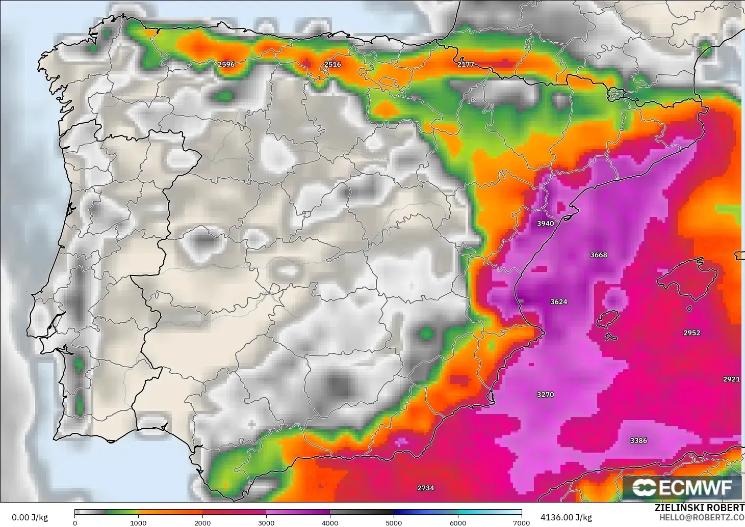 ECMWF IFS 0.25° modelo - España, CAPE
