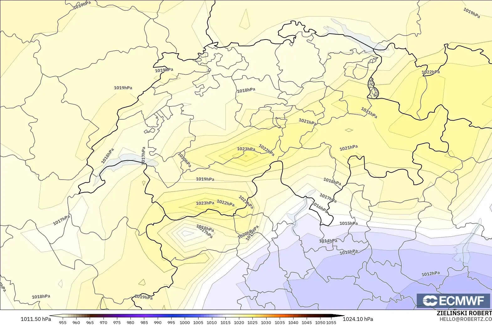 ECMWF IFS 0.25° modelo - Suiza, Presión