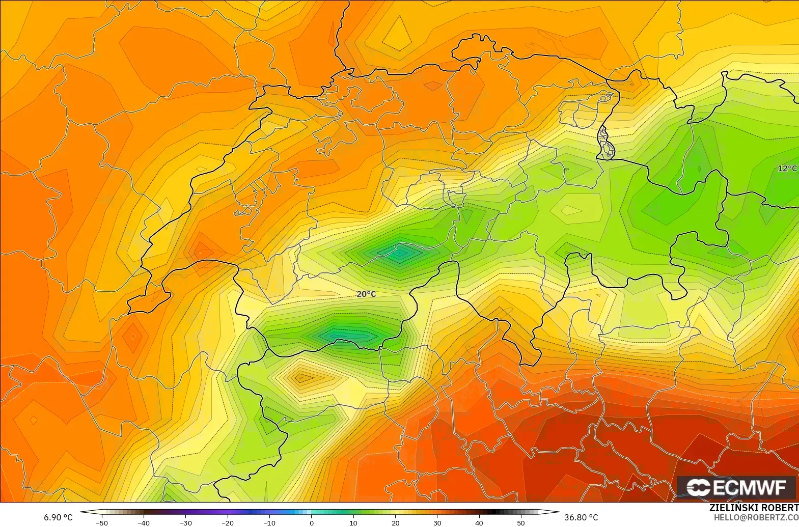 ECMWF IFS 0.25° modelo - Suiza, Temperatura a 2 m