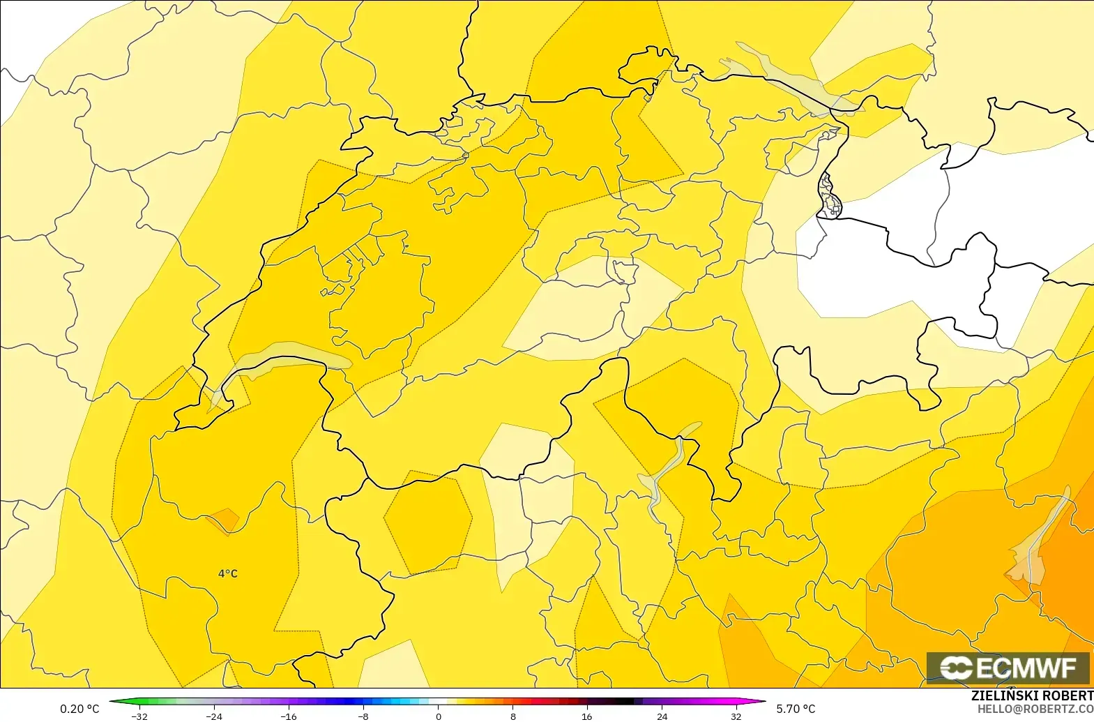 ECMWF IFS 0.25° modelo - Suiza, Anomalía de temperatura a 850 hPa