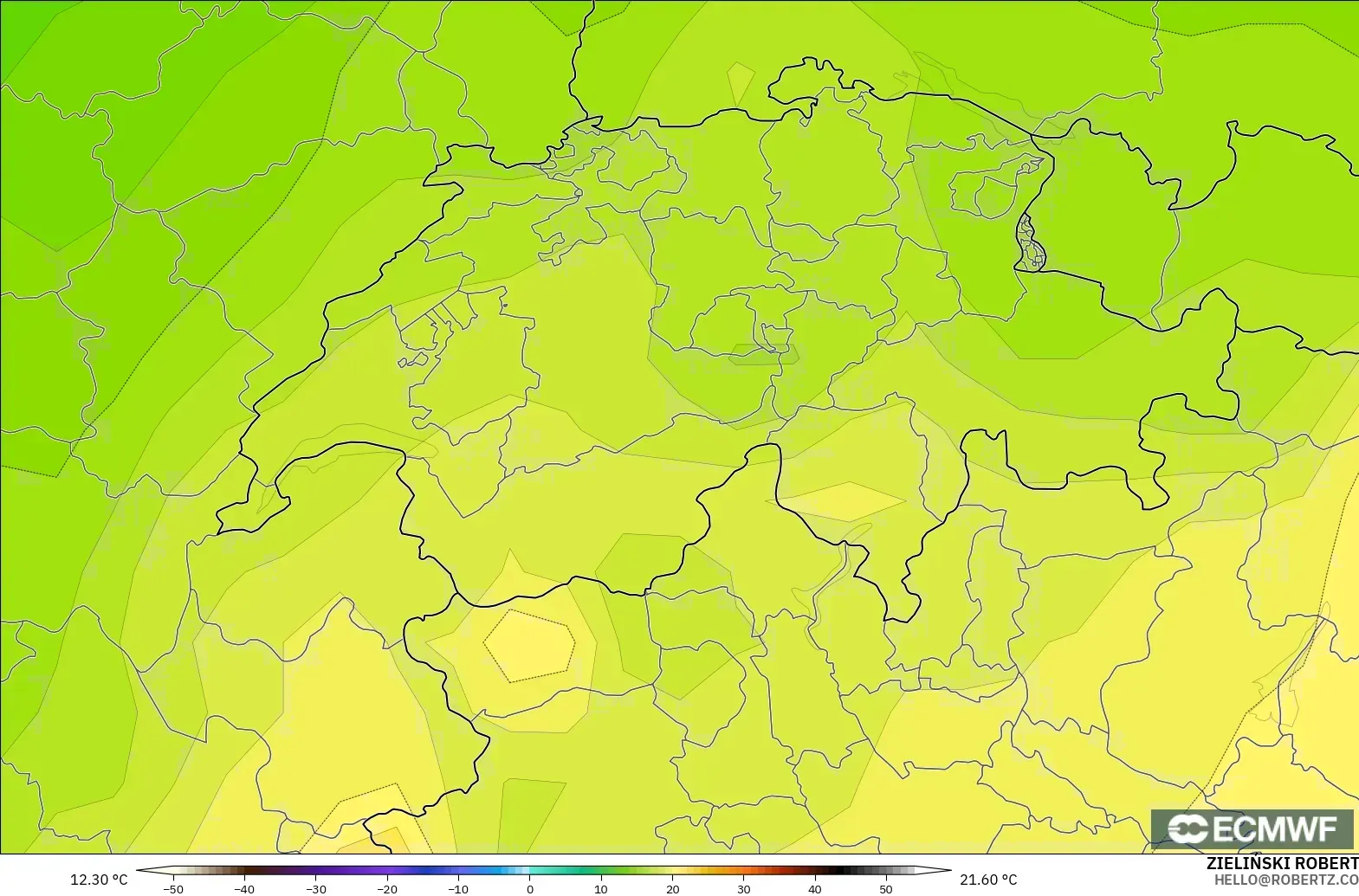 ECMWF IFS 0.25° modelo - Suiza, Temperatura a 850 hPa