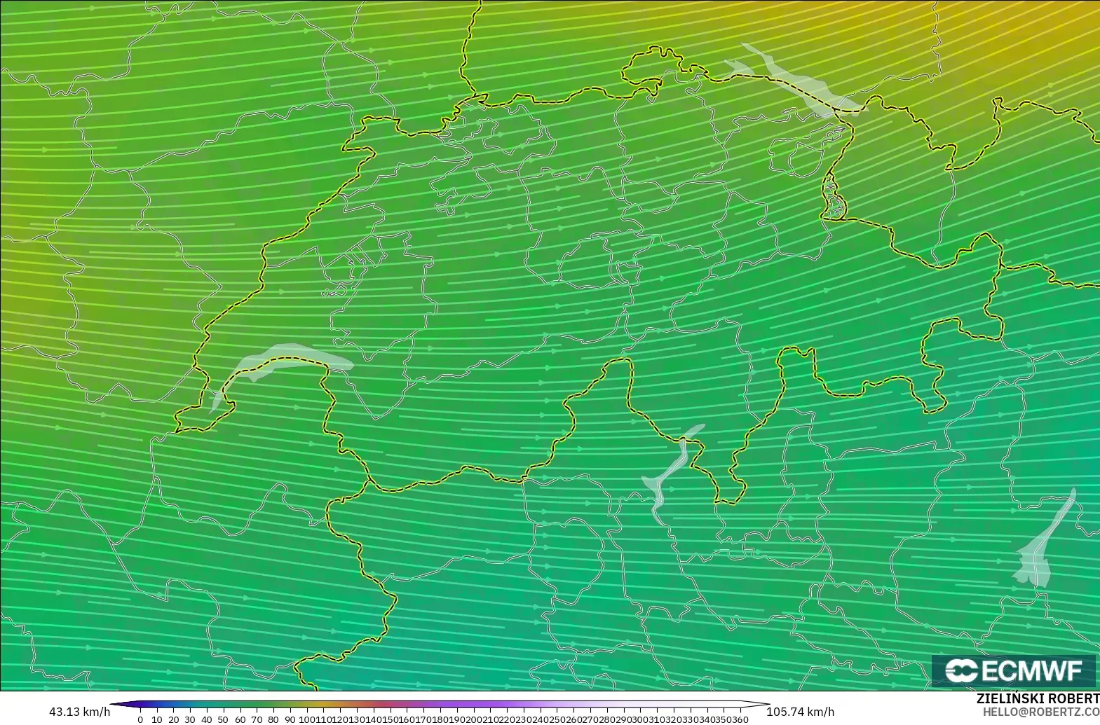 ECMWF IFS 0.25° modelo - Suiza, Viento a 300 hPa (corriente en chorro)