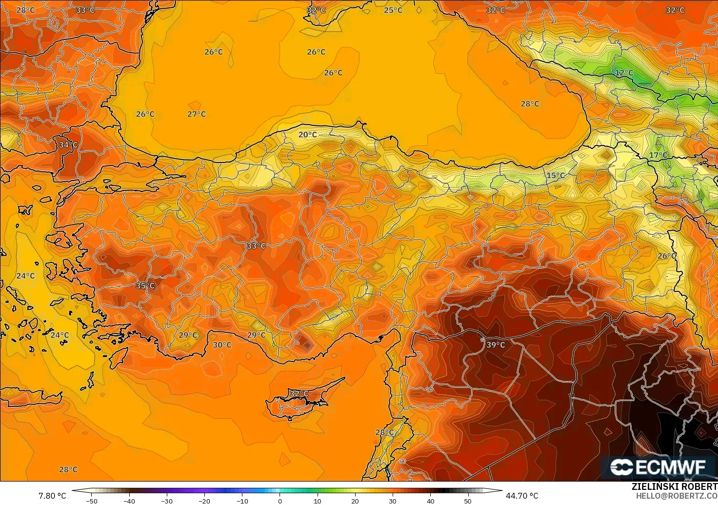 ECMWF IFS 0.25° modelo - Turquía, Temperatura a 2 m