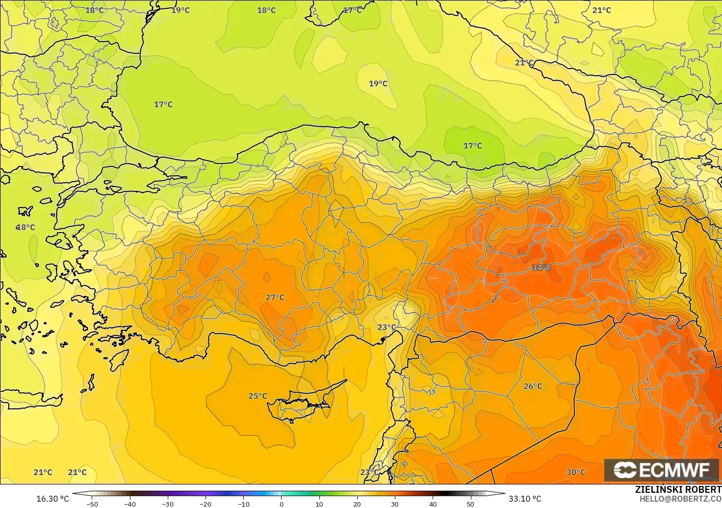 ECMWF IFS 0.25° modelo - Turquía, Temperatura a 850 hPa