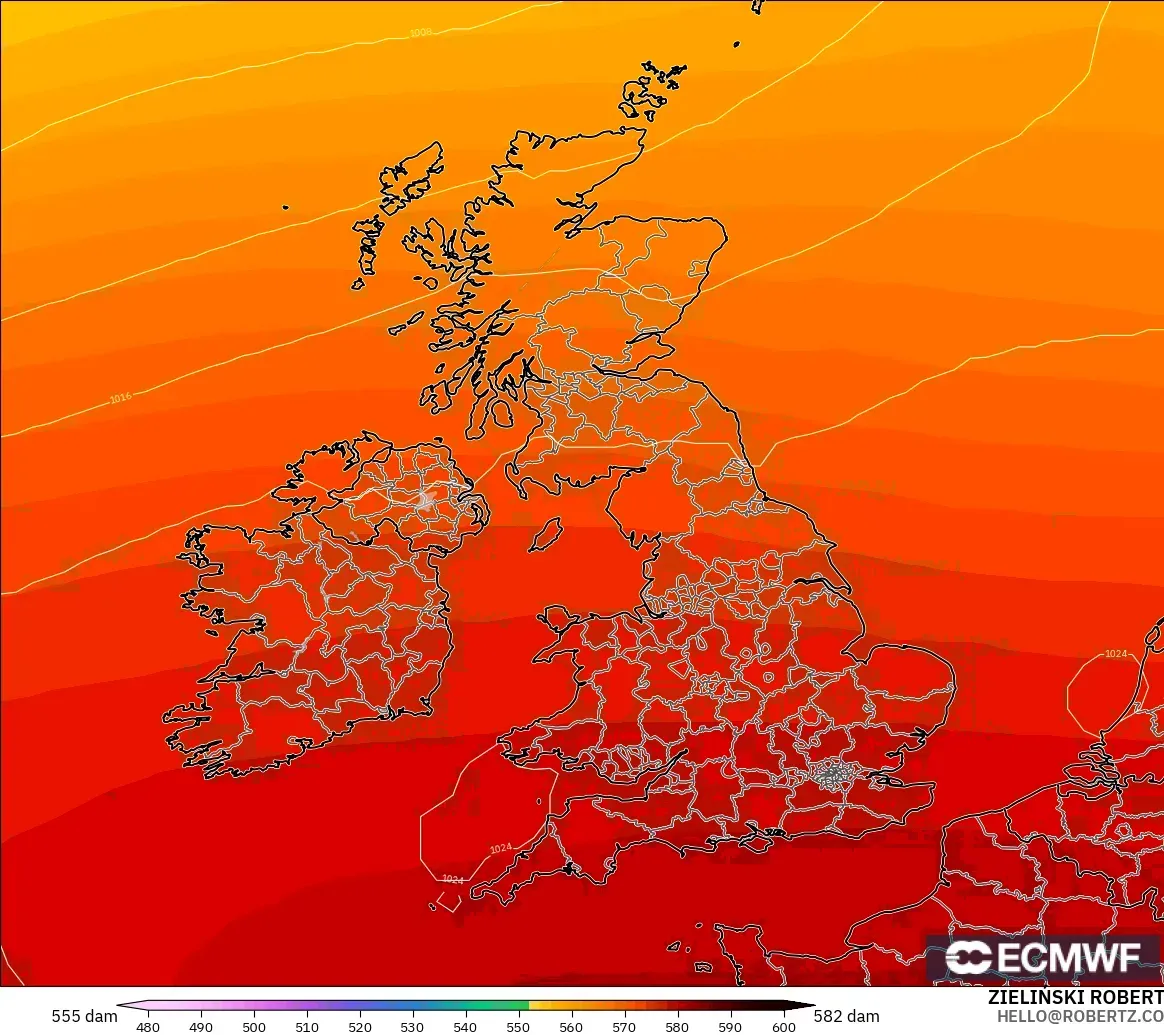 ECMWF IFS 0.25° modelo - Reino Unido, Altura geopotencial a 500 hPa