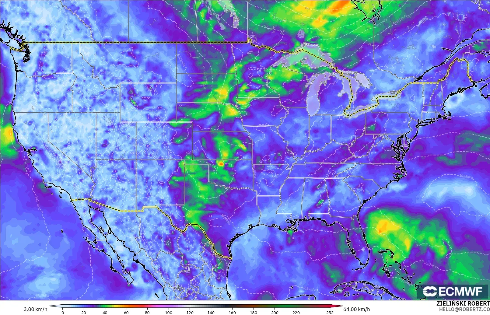ECMWF IFS 0.25° modelo - Estados Unidos, Ráfagas de viento