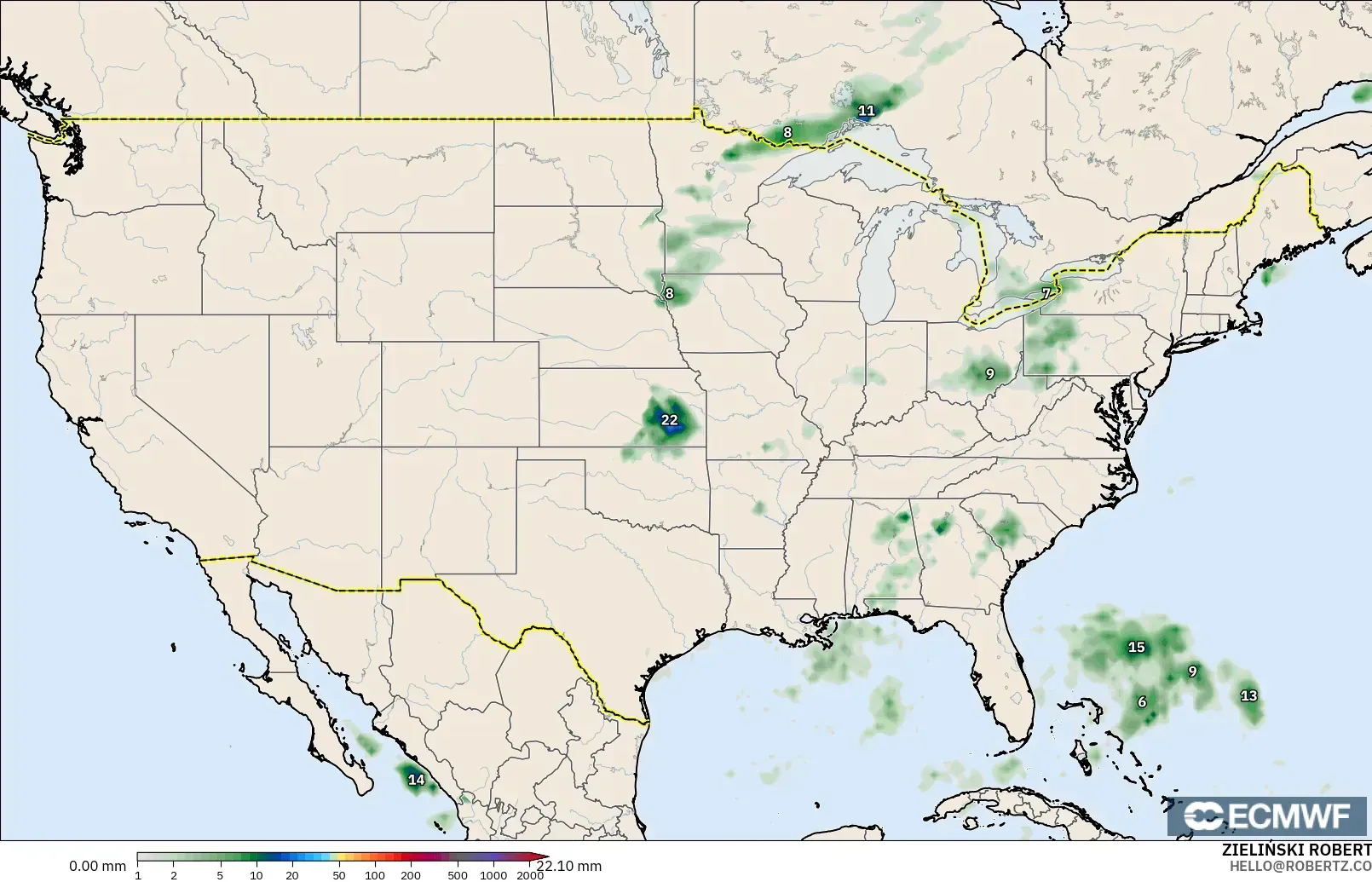 ECMWF IFS 0.25° modelo - Estados Unidos, Acumulación de precipitación