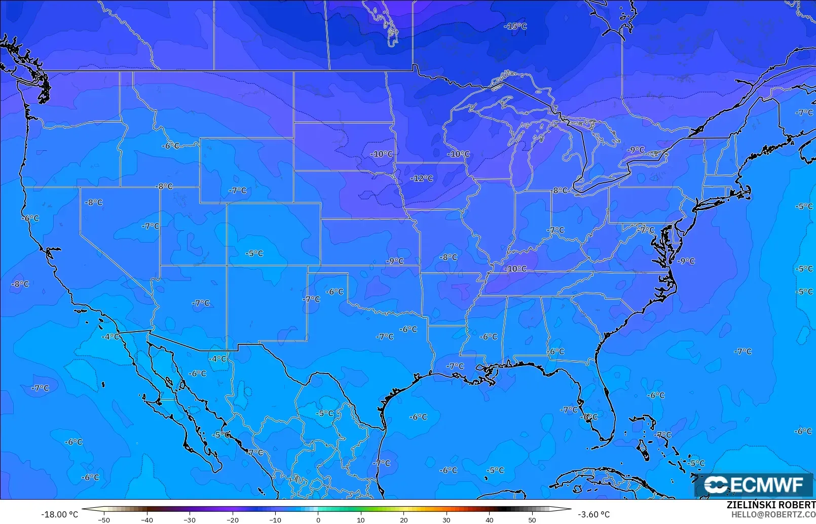 ECMWF IFS 0.25° modelo - Estados Unidos, Temperatura a 500 hPa
