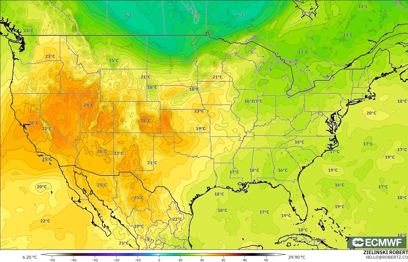 ECMWF IFS 0.25° modelo - Estados Unidos, Temperatura a 850 hPa