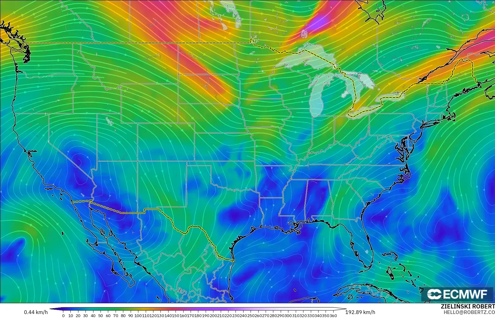 ECMWF IFS 0.25° modelo - Estados Unidos, Viento a 300 hPa (corriente en chorro)