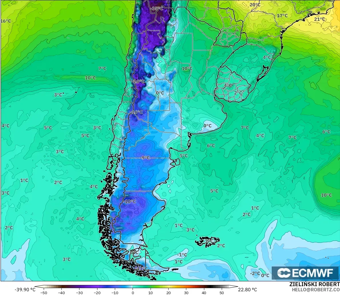 ECMWF IFS 0.25° modelo - Argentina, Punto de rocío a 2 m