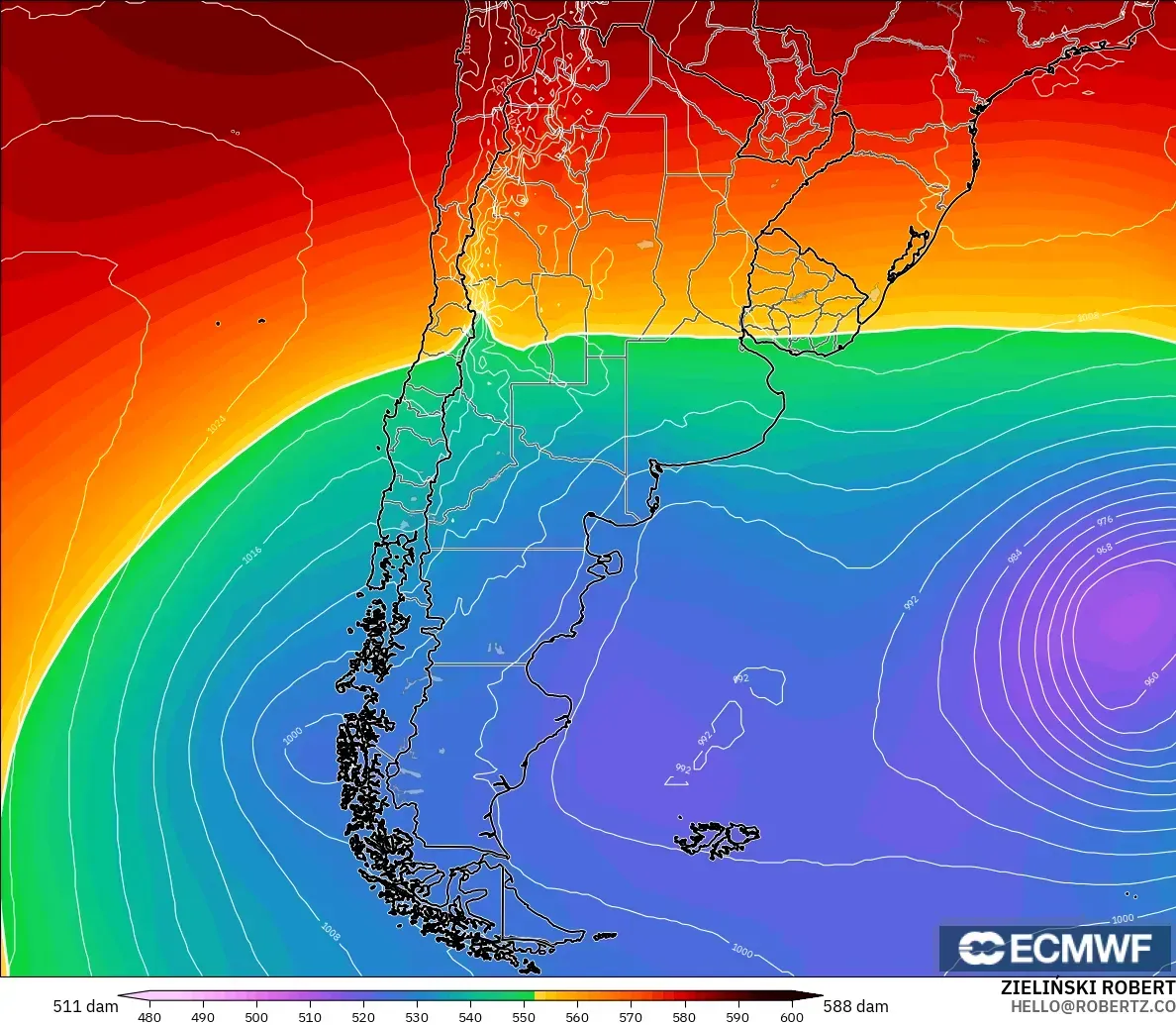 ECMWF IFS 0.25° modelo - Argentina, Altura geopotencial a 500 hPa
