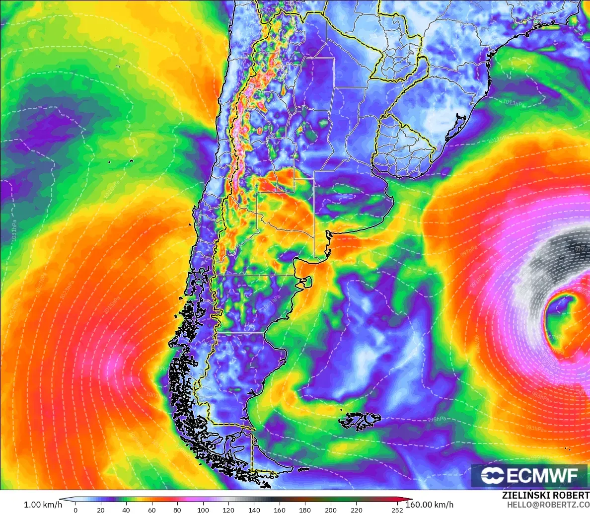 ECMWF IFS 0.25° modelo - Argentina, Ráfagas de Viento Máximas